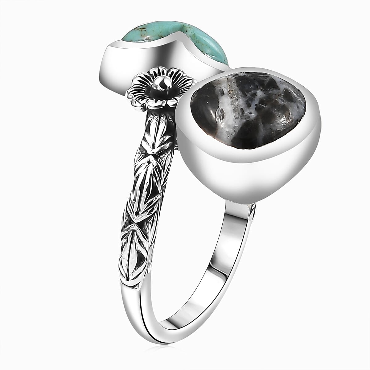 D'Joy Artisan Crafted Tahoe Nevada Turquoise and White Buffalo 5.20 ctw Heart Bypass Ring in Sterling Silver (Size 8.0) image number 3