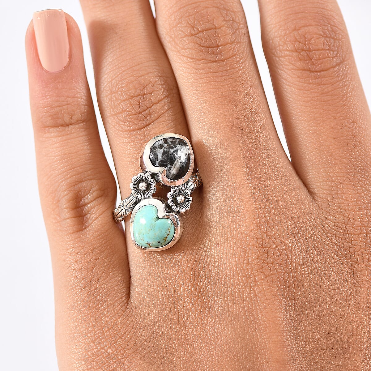 D'Joy Artisan Crafted Tahoe Naveda Turquoise and White Buffalo 5.20 ctw Heart Bypass Ring in Sterling Silver (Size 9.0) image number 2