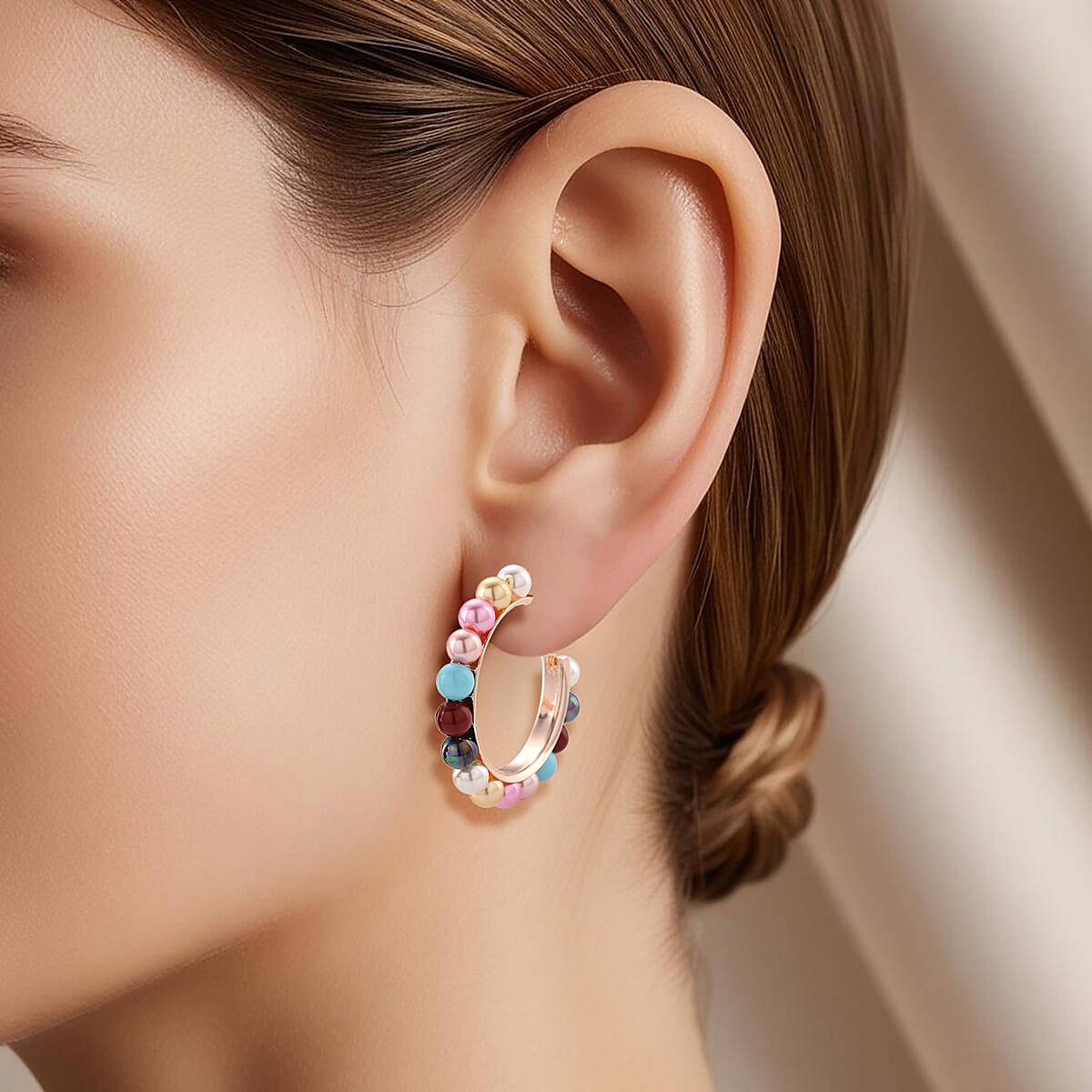 Multi Color Shell Pearl Hoop Earrings in Goldtone and ION Plated RG Stainless Steel image number 2
