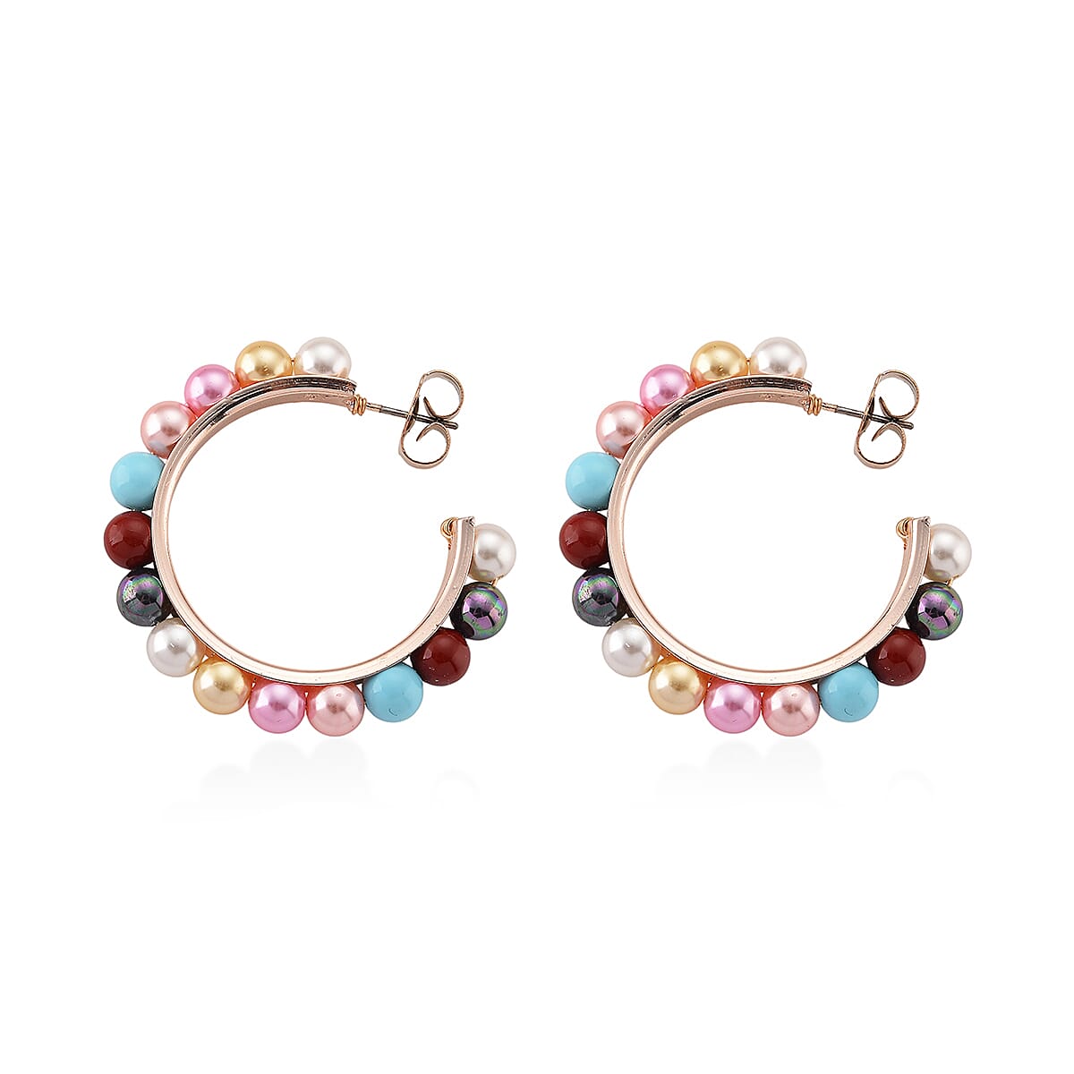 Multi Color Shell Pearl Hoop Earrings in Goldtone and ION Plated RG Stainless Steel image number 3