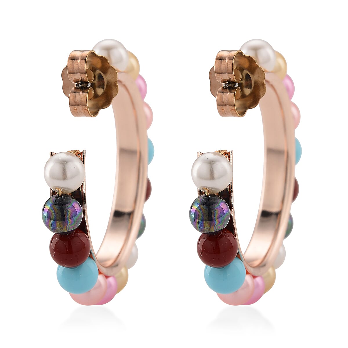 Multi Color Shell Pearl Hoop Earrings in Goldtone and ION Plated RG Stainless Steel image number 4