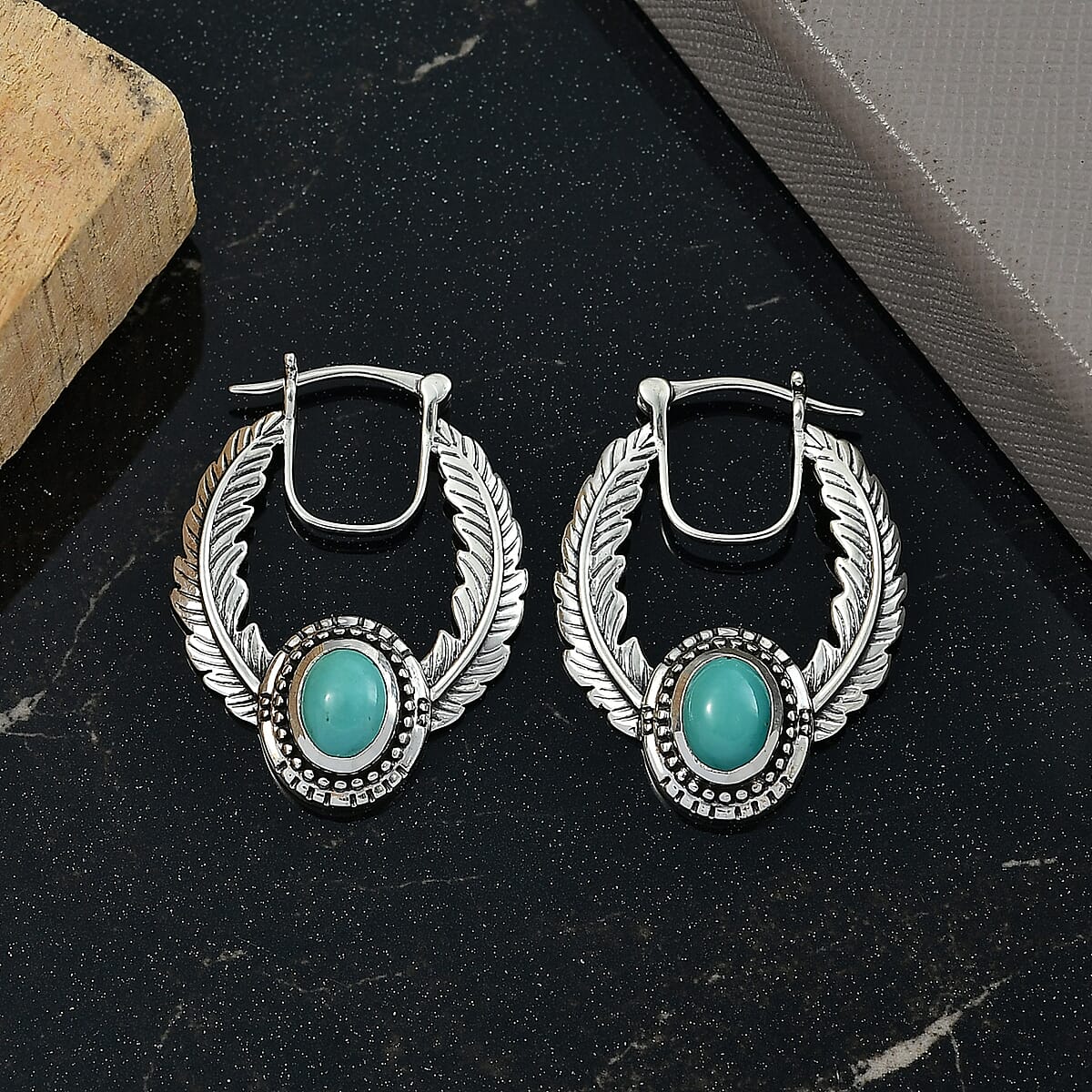 D'Joy Artisan Crafted Tahoe Naveda Turquoise 2.50 ctw Feather Earrings in Sterling Silver  image number 1