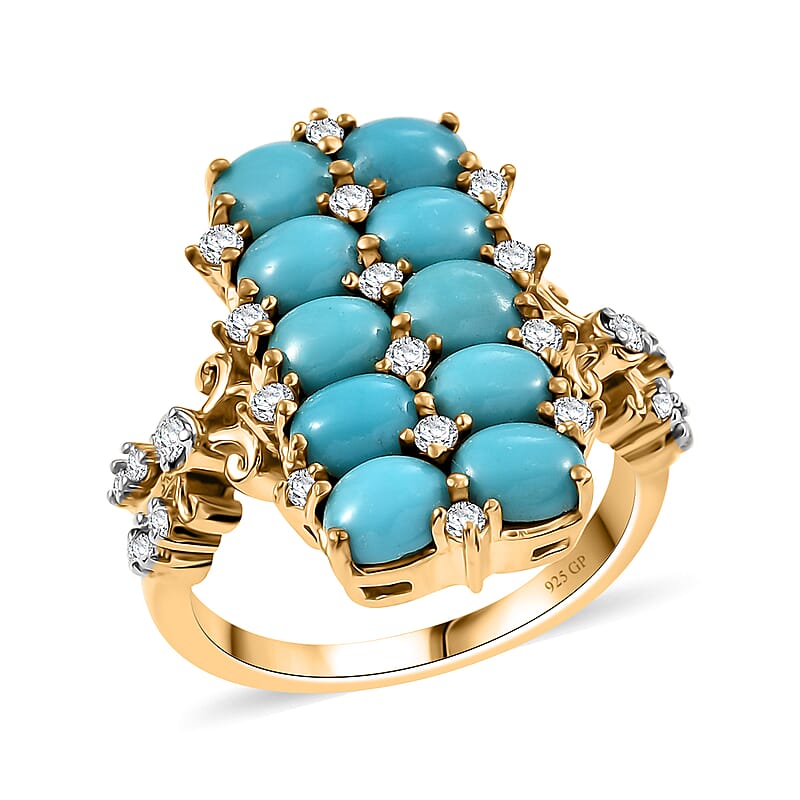 GP Capri Collection Sleeping Beauty Turquoise, White Zircon Ring in 18K Vermeil YG Over Sterling Silver 4.00 ctw (Size 10.0)