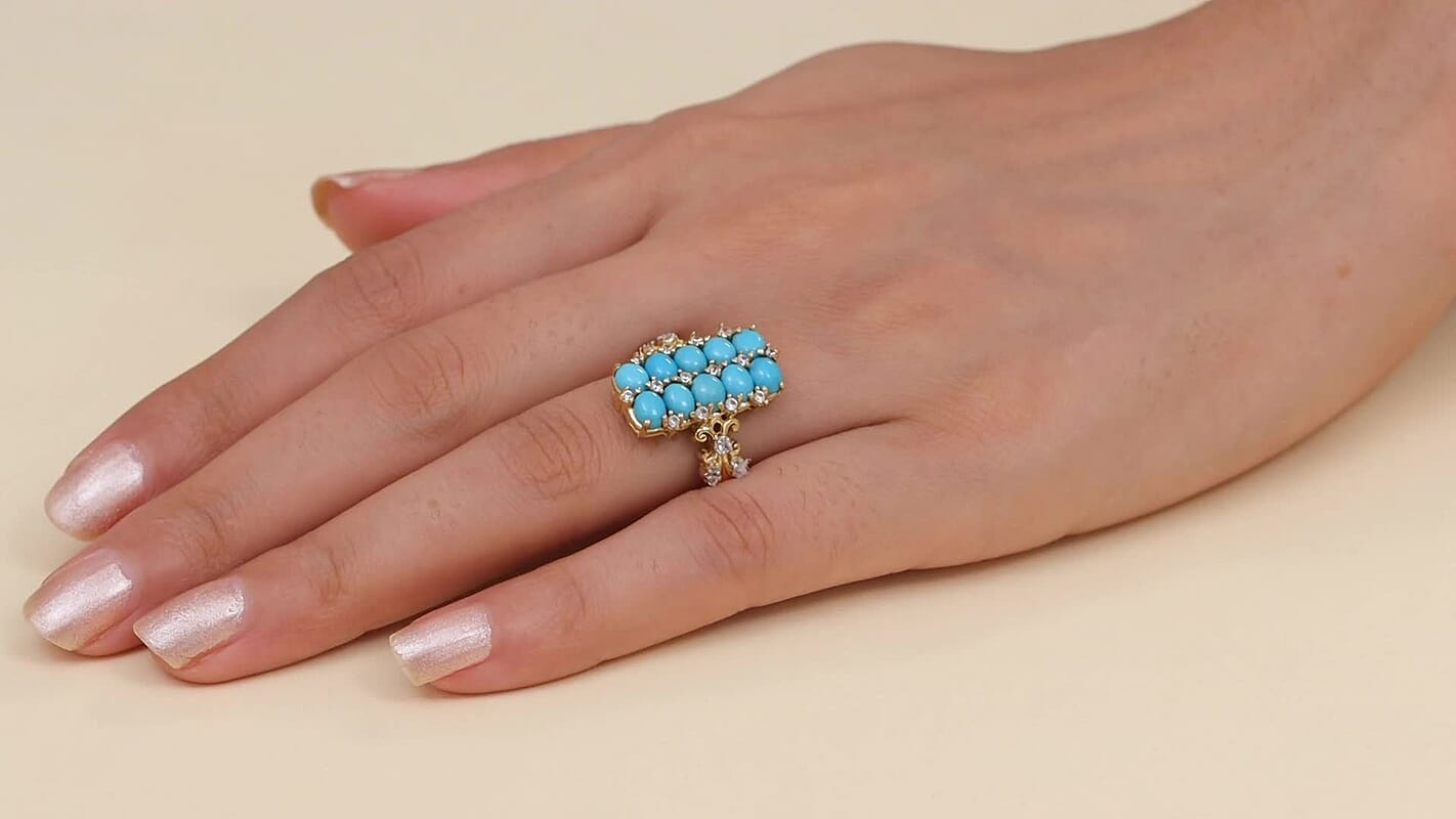 GP Sleeping Beauty Turquoise, White Zircon Ring in 18K Vermeil YG Over Sterling Silver (Size 10.0) 4.00 ctw