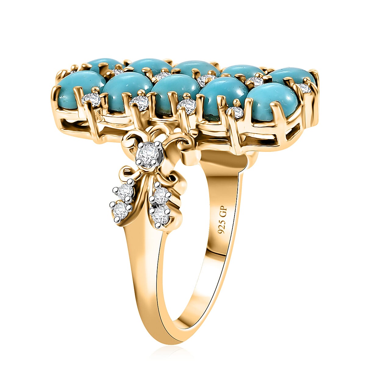 GP Sleeping Beauty Turquoise, White Zircon Ring in 18K Vermeil YG Over Sterling Silver (Size 10.0) 4.00 ctw image number 4