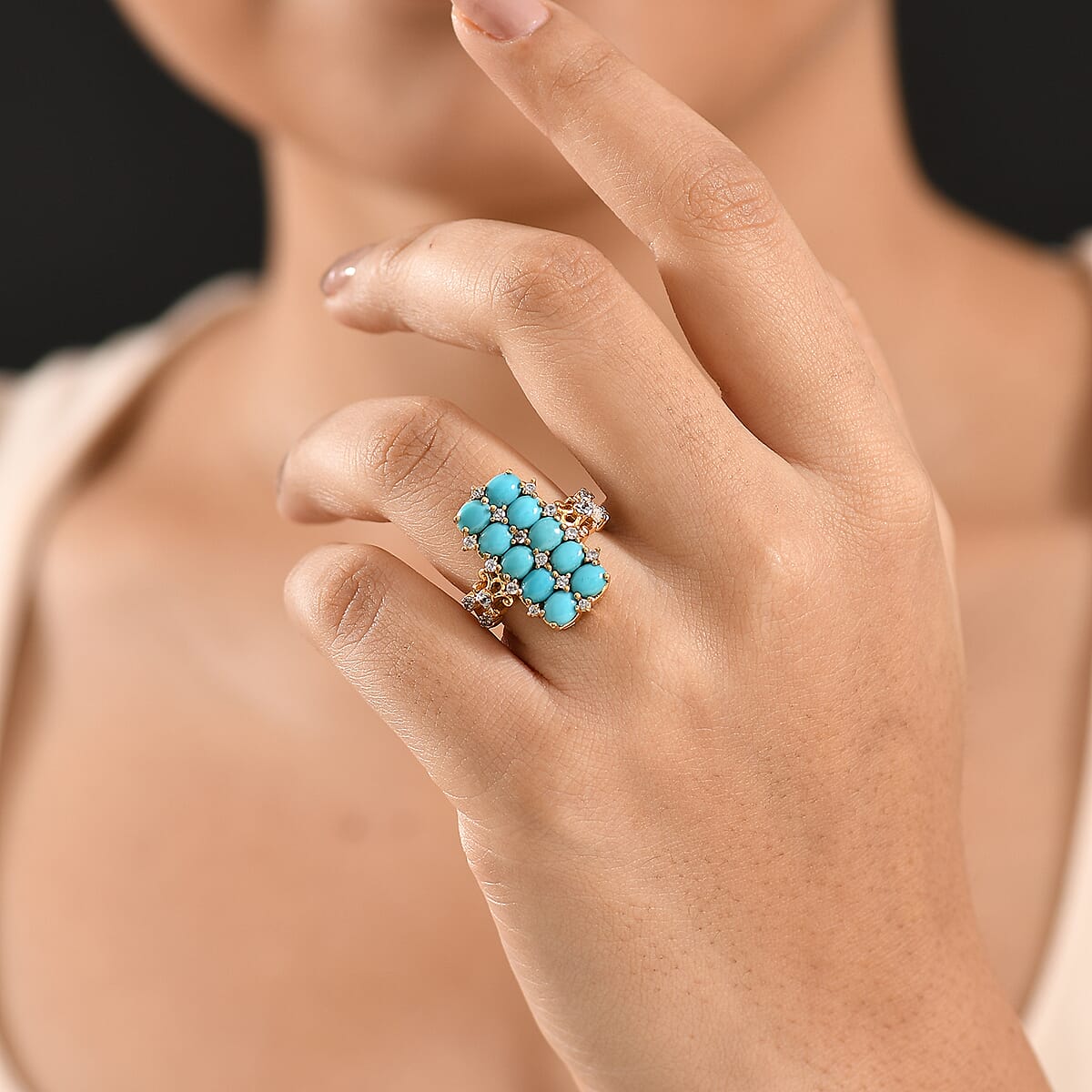 GP Capri Collection Sleeping Beauty Turquoise and White Zircon 4.00 ctw Ring in 18K Vermeil Yellow Gold Over Sterling Silver (Size 5.0) image number 3