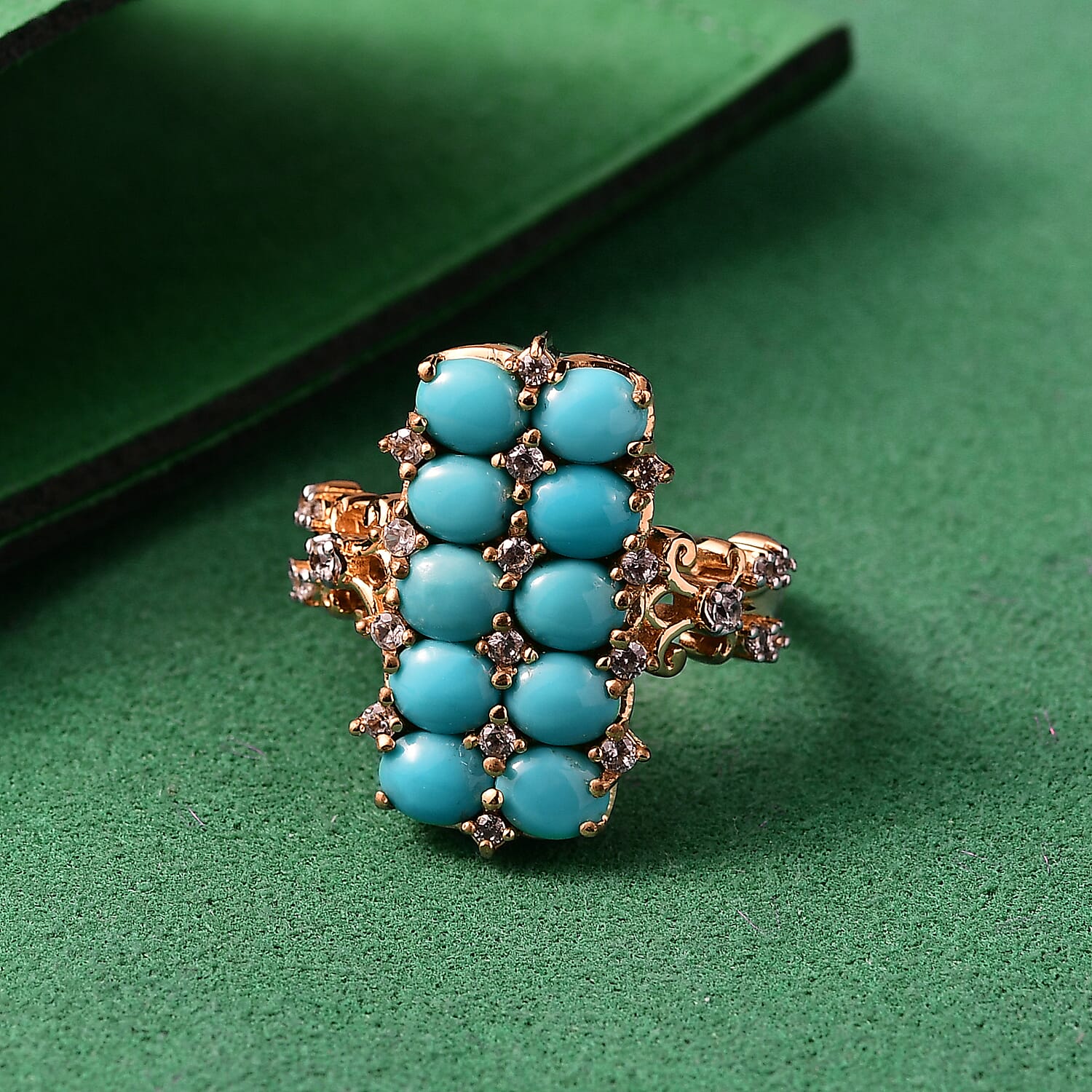 GP Capri Collection Sleeping Beauty Turquoise, White Zircon Ring in 18K Vermeil YG Over Sterling Silver 4.00 ctw (Size 9.0)