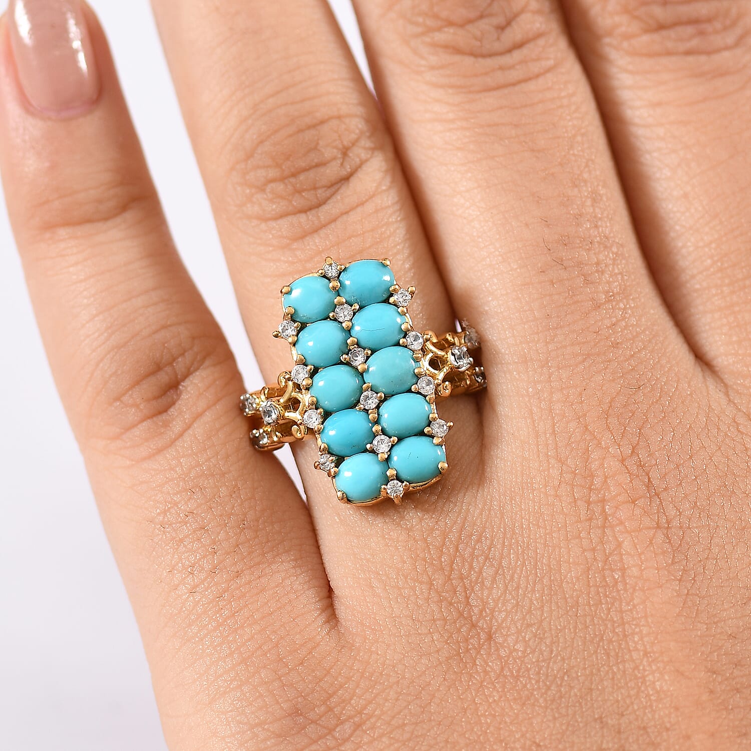 GP Capri Collection Sleeping Beauty Turquoise, White Zircon Ring in 18K Vermeil YG Over Sterling Silver 4.00 ctw (Size 9.0)
