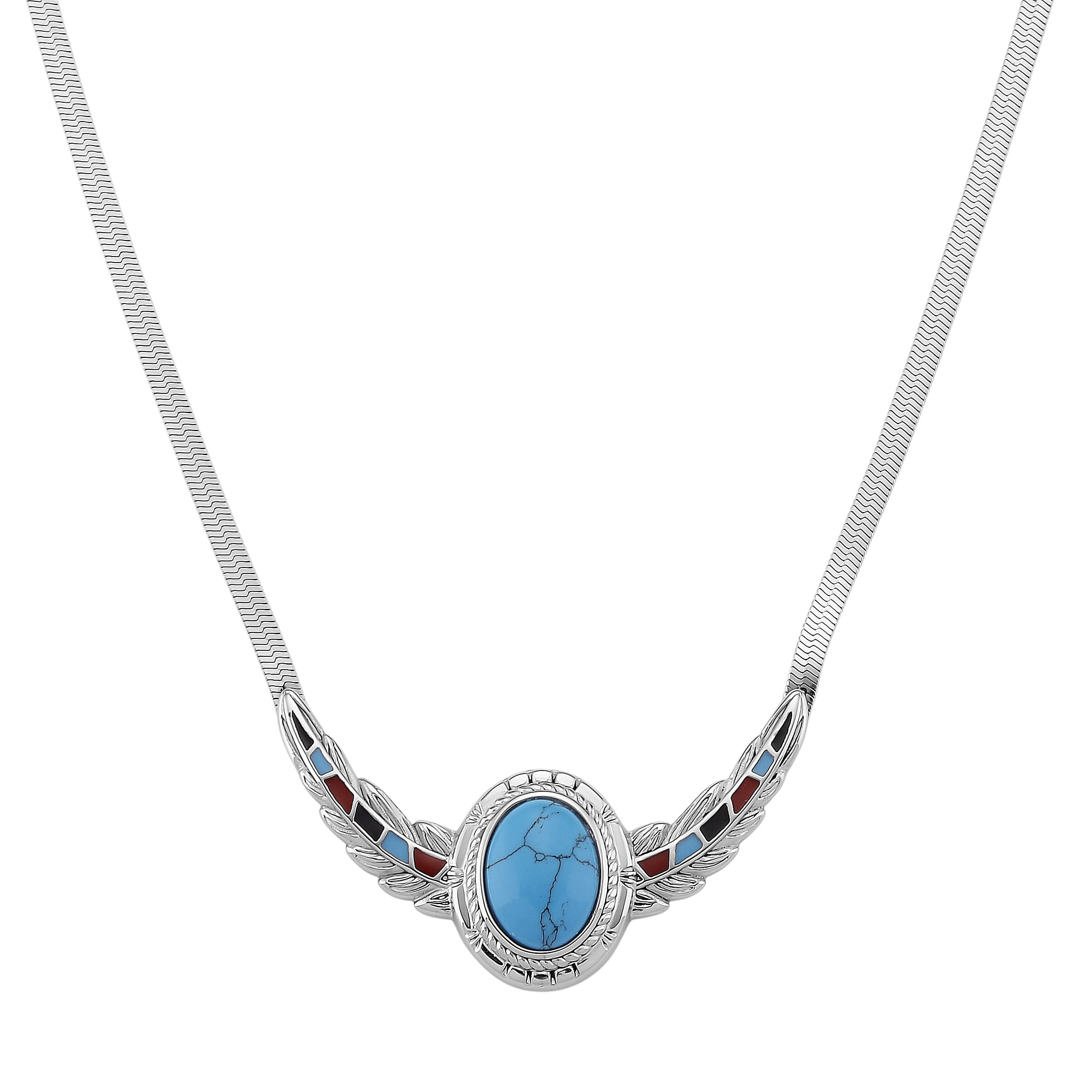 Blue Howlite, Enameled Feather Necklace (20-22 Inches) in Stainless Steel 10.00 ctw