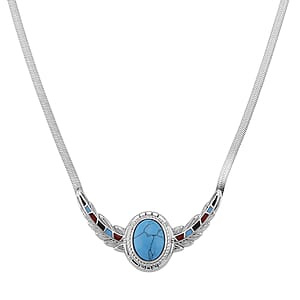 Blue Howlite, Enameled Feather Necklace (20-22 Inches) in Stainless Steel 10.00 ctw