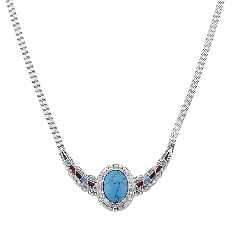 Blue Howlite, Enameled Feather Necklace (20-22 Inches) in Stainless Steel 10.00 ctw