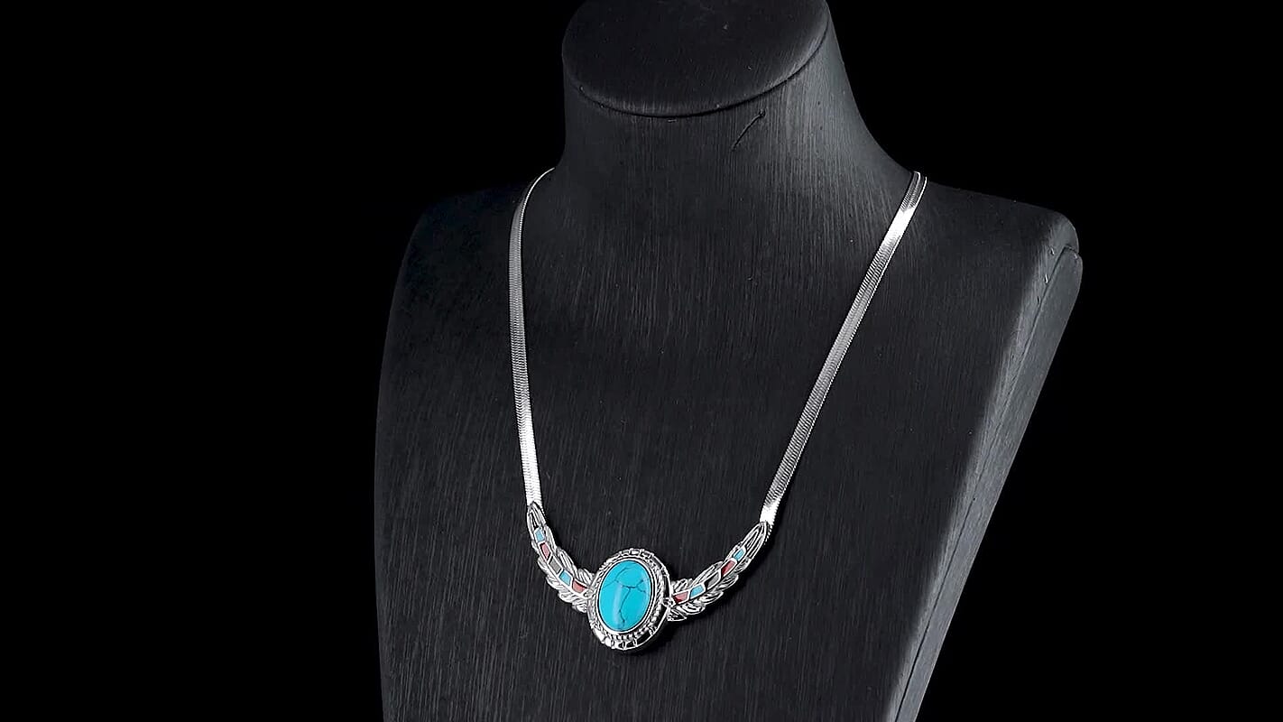 Blue Howlite, Enameled Feather Necklace (20-22 Inches) in Stainless Steel 10.00 ctw