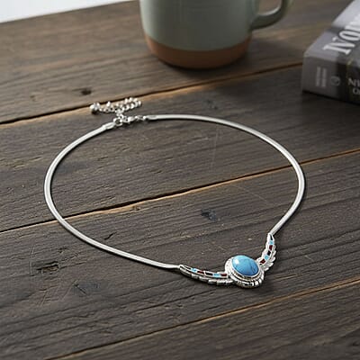 Blue Howlite, Enameled Feather Necklace (20-22 Inches) in Stainless Steel 10.00 ctw