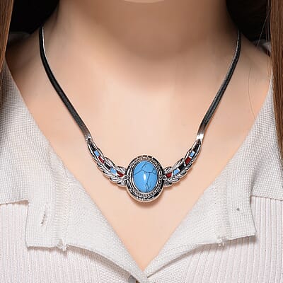 Blue Howlite, Enameled Feather Necklace (20-22 Inches) in Stainless Steel 10.00 ctw
