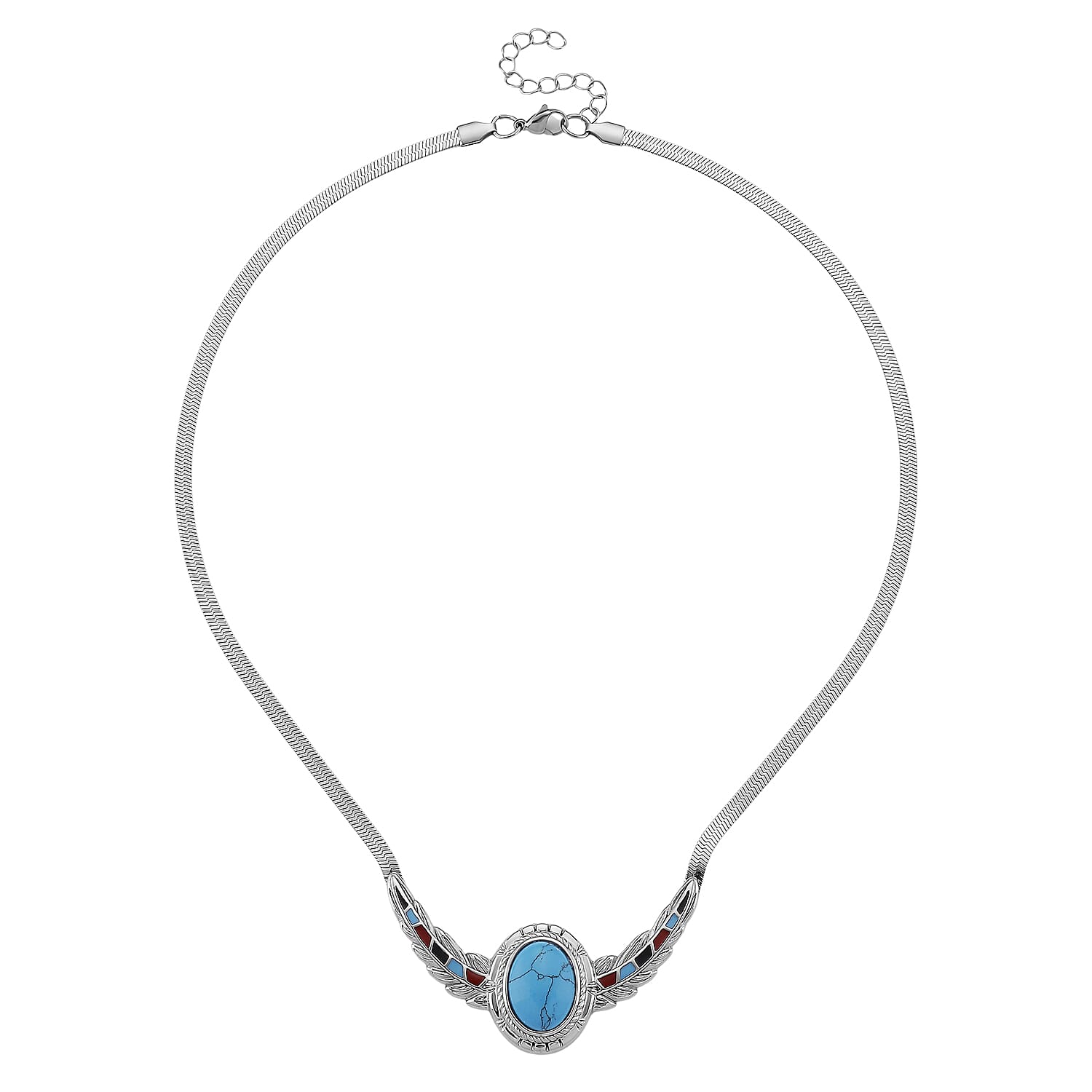 Blue Howlite, Enameled Feather Necklace (20-22 Inches) in Stainless Steel 10.00 ctw