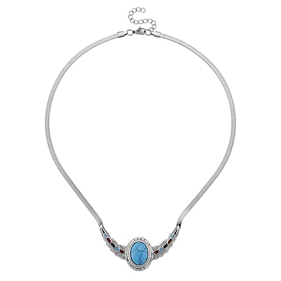 Blue Howlite, Enameled Feather Necklace (20-22 Inches) in Stainless Steel 10.00 ctw