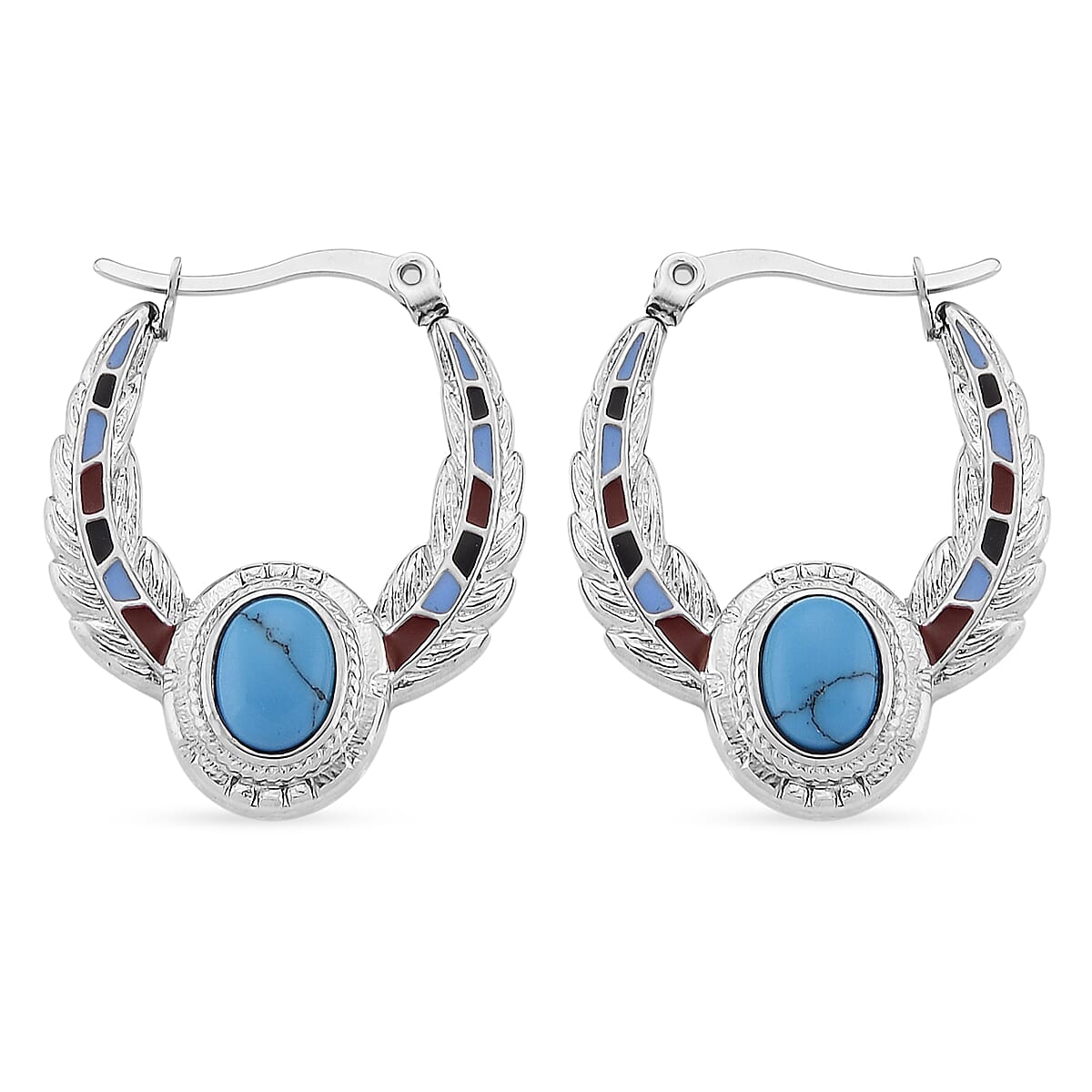 Blue Howlite 0.80 ctw and Enameled Feather Hoop Earrings in Stainless Steel image number 0