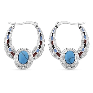 Blue Howlite 0.80 ctw and Enameled Feather Hoop Earrings in Stainless Steel