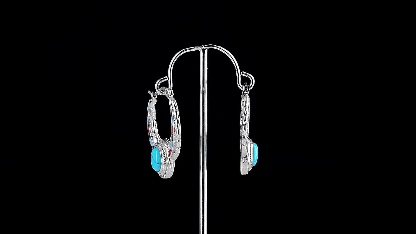 Blue Howlite 0.80 ctw and Enameled Feather Hoop Earrings in Stainless Steel
