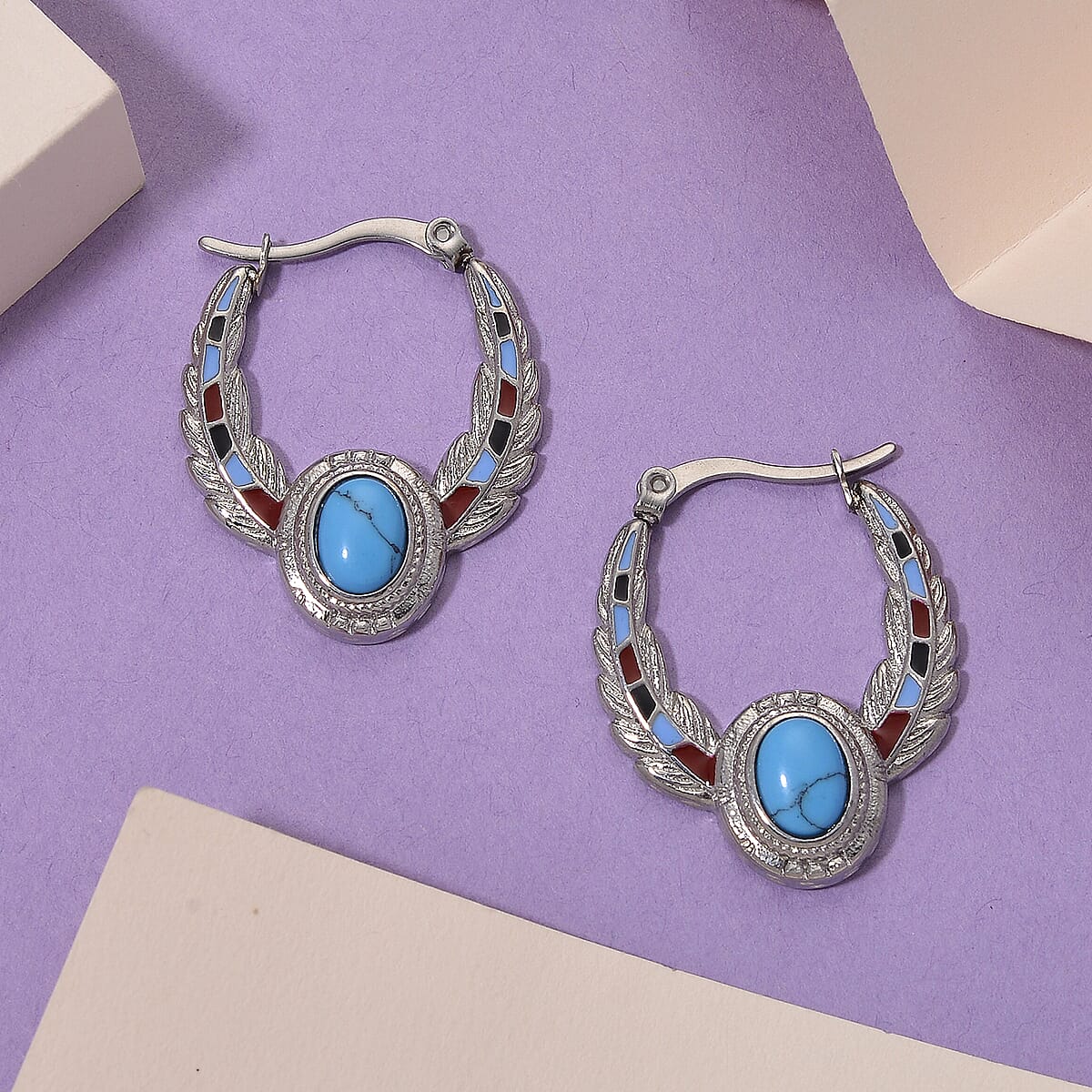 Blue Howlite 0.80 ctw and Enameled Feather Hoop Earrings in Stainless Steel image number 1