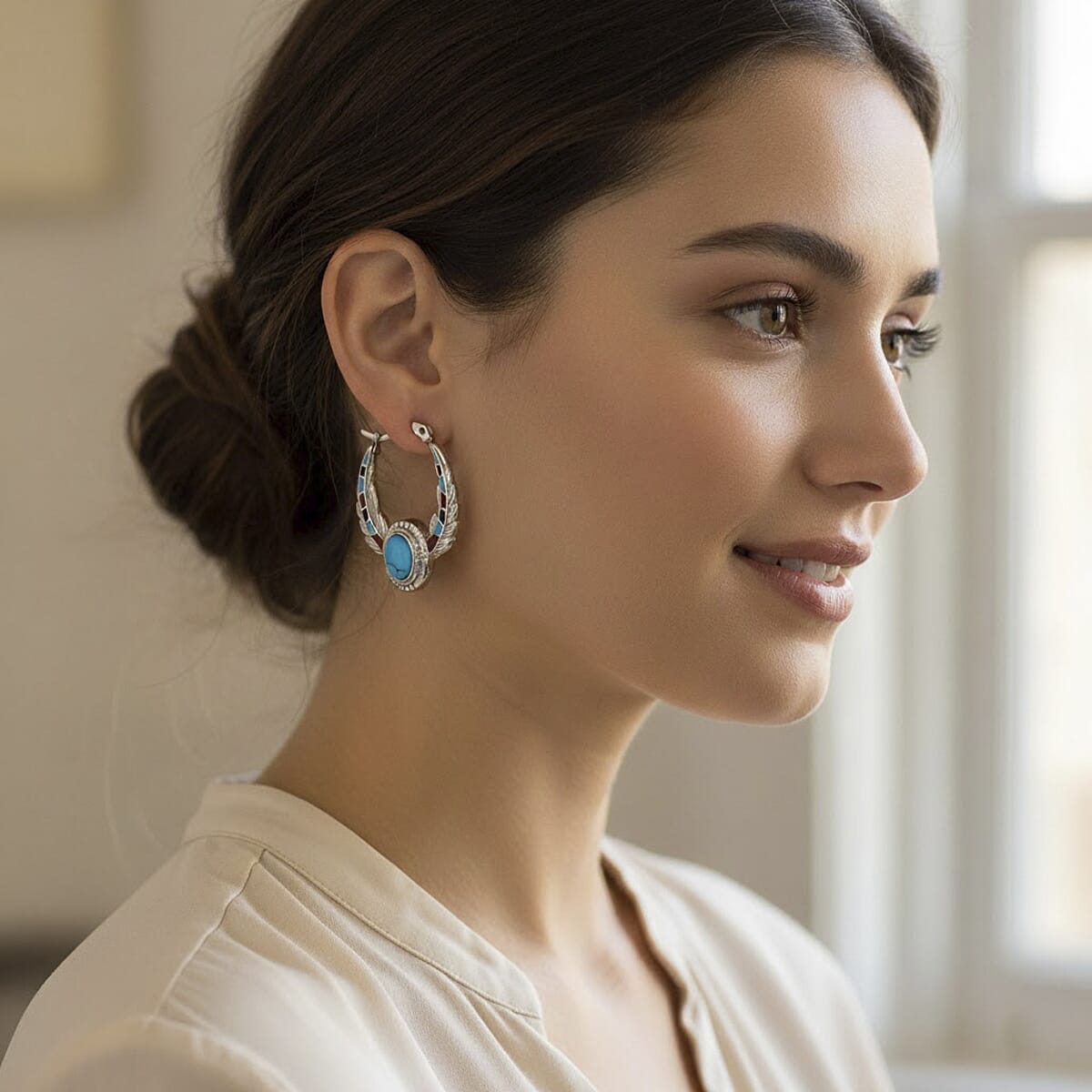 Blue Howlite 0.80 ctw and Enameled Feather Hoop Earrings in Stainless Steel image number 2