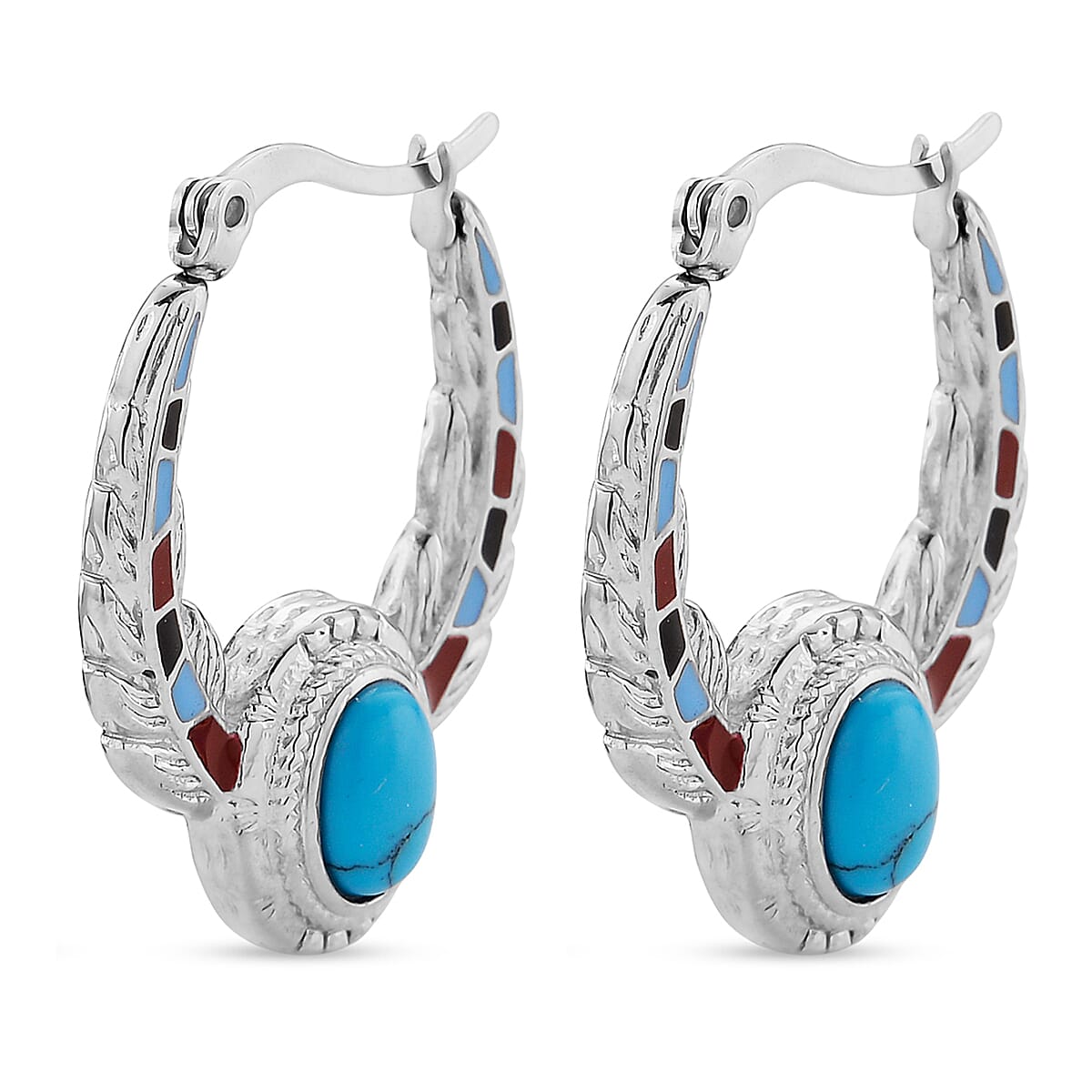 Blue Howlite 0.80 ctw and Enameled Feather Hoop Earrings in Stainless Steel image number 3