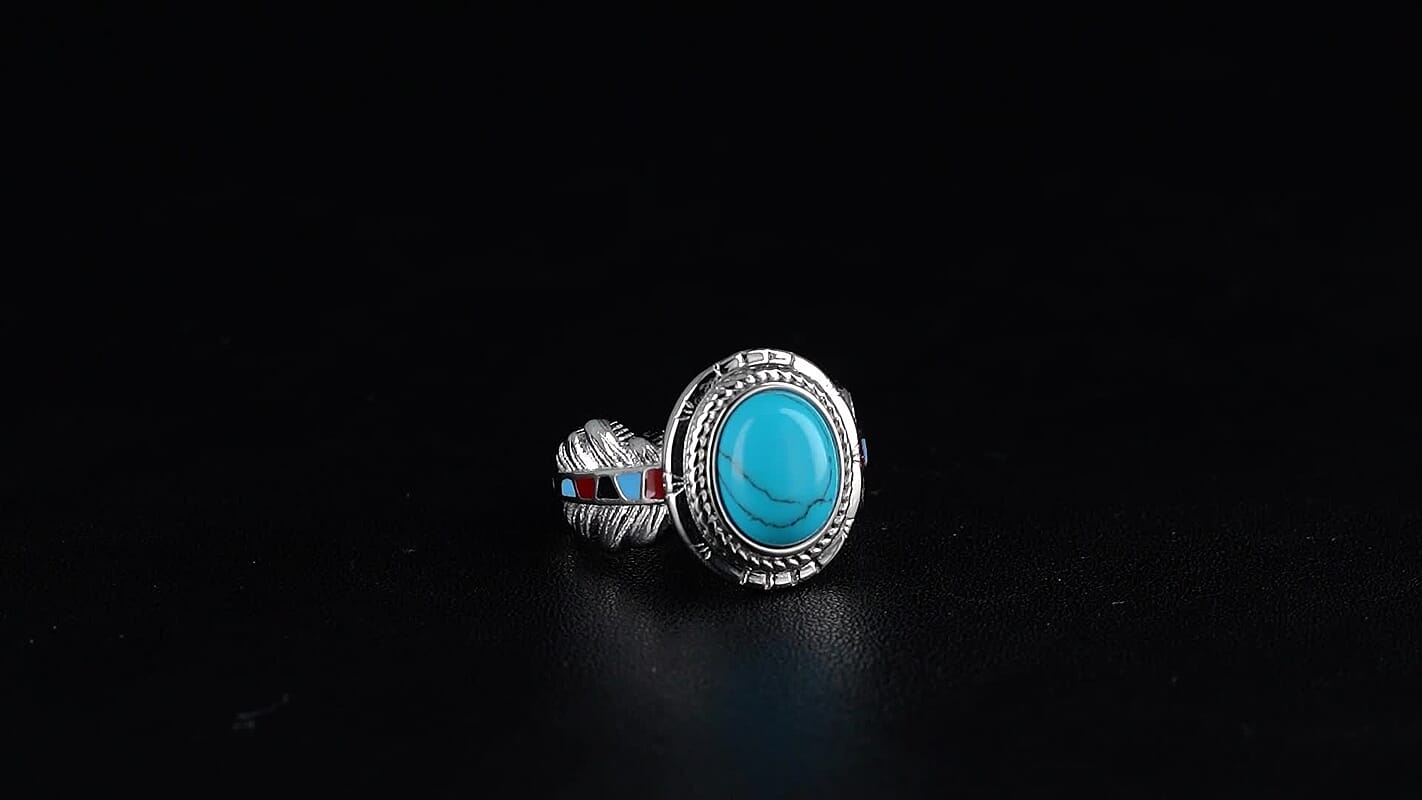 Blue Howlite and Enameled Feather Ring in Stainless Steel (Size 10.0) 1.50 ctw