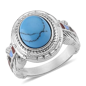 Blue Howlite 1.50 ctw and Enameled Feather Ring in Stainless Steel (Size 6.0)
