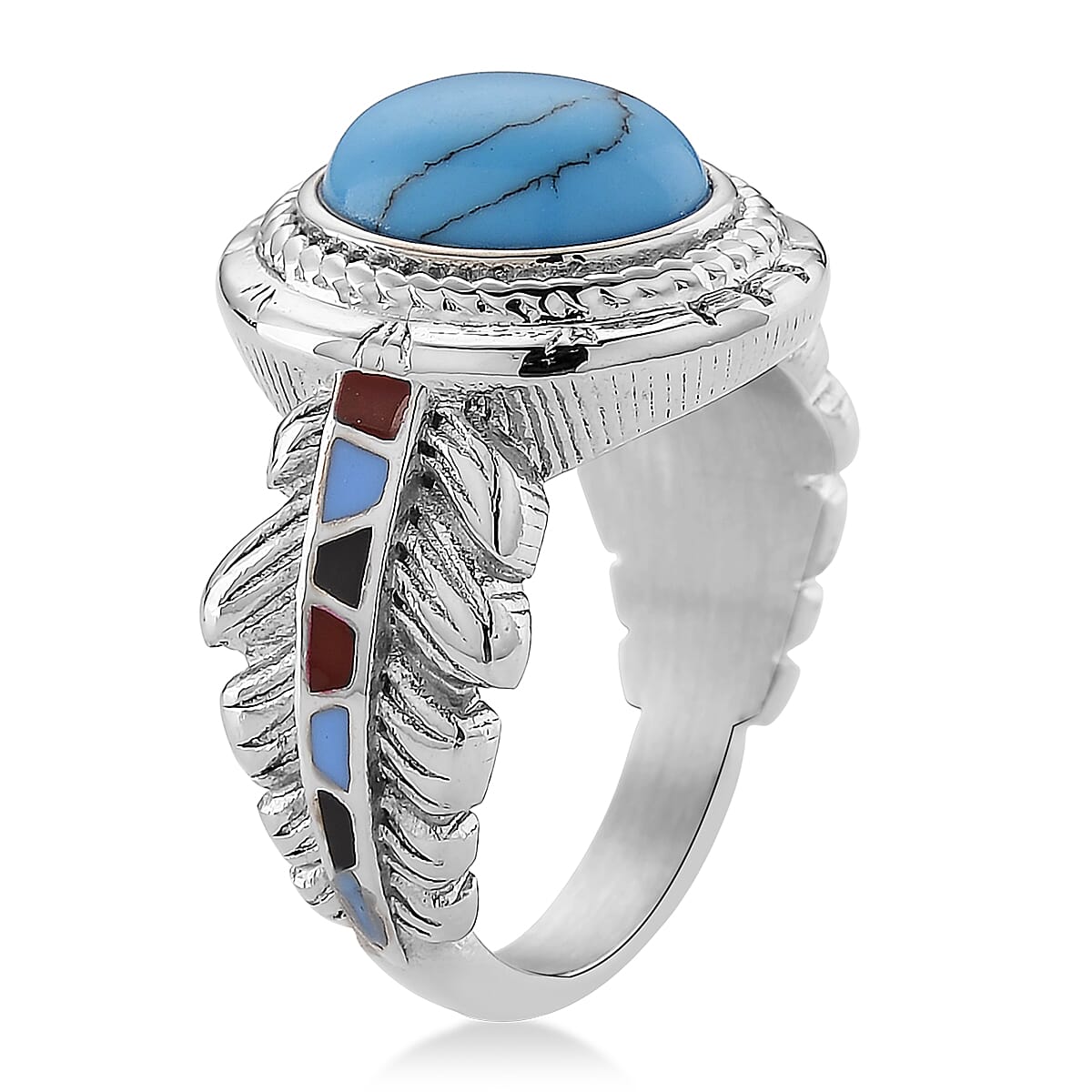 Blue Howlite 1.50 ctw and Enameled Feather Ring in Stainless Steel (Size 6.0) image number 3