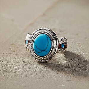 Blue Howlite 1.50 ctw and Enameled Feather Ring in Stainless Steel (Size 7.0)