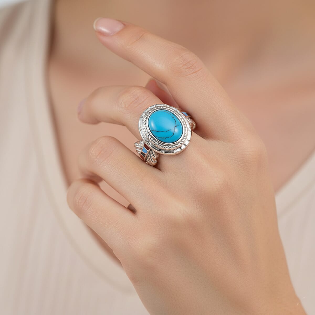 Blue Howlite 1.50 ctw and Enameled Feather Ring in Stainless Steel (Size 7.0) image number 2