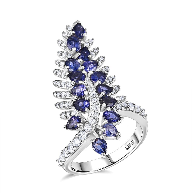 GP Italian Garden Collection Premium Catalina Iolite and Multi Gemstone 3.20 ctw Feather Luch Ring in Rhodium Over Sterling Silver (Size 6.0)