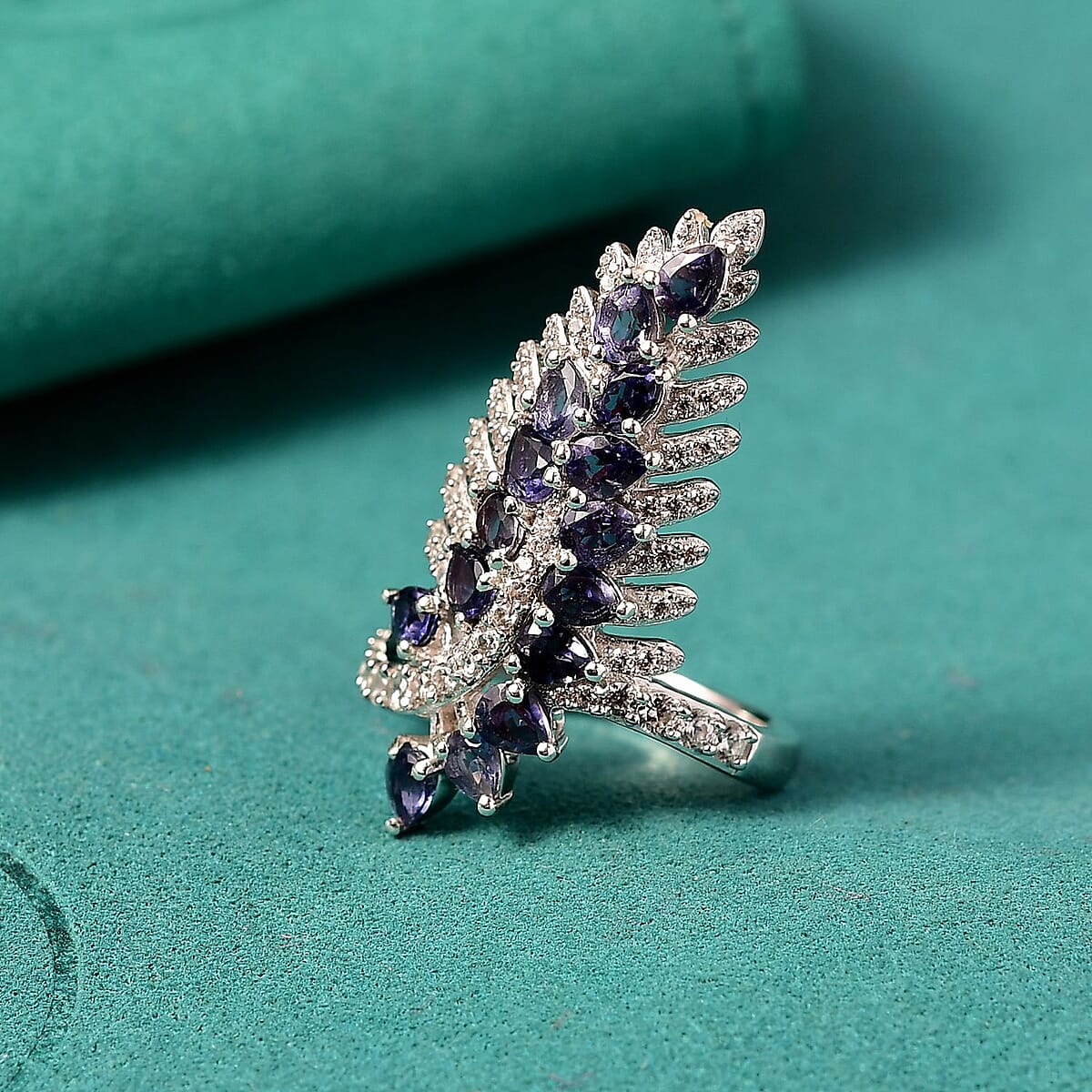 GP Italian Garden Collection Premium Catalina Iolite and Multi Gemstone 3.20 ctw Feather Luch Ring in Rhodium Over Sterling Silver (Size 6.0) image number 1
