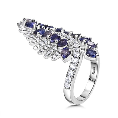 GP Italian Garden Collection Premium Catalina Iolite and Multi Gemstone 3.20 ctw Feather Luch Ring in Rhodium Over Sterling Silver (Size 6.0)