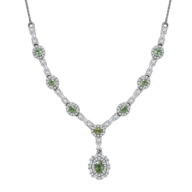 D'Joy Premium Ambanja Demantoid Garnet and Moissanite 4.65 ctw Forest Gleam Necklace in Rhodium Over Sterling Silver 18 Inches