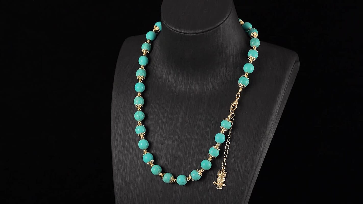 Blue Howlite 230.00 ctw Beaded Necklace with Owl Charm in Goldtone 18 Inches
