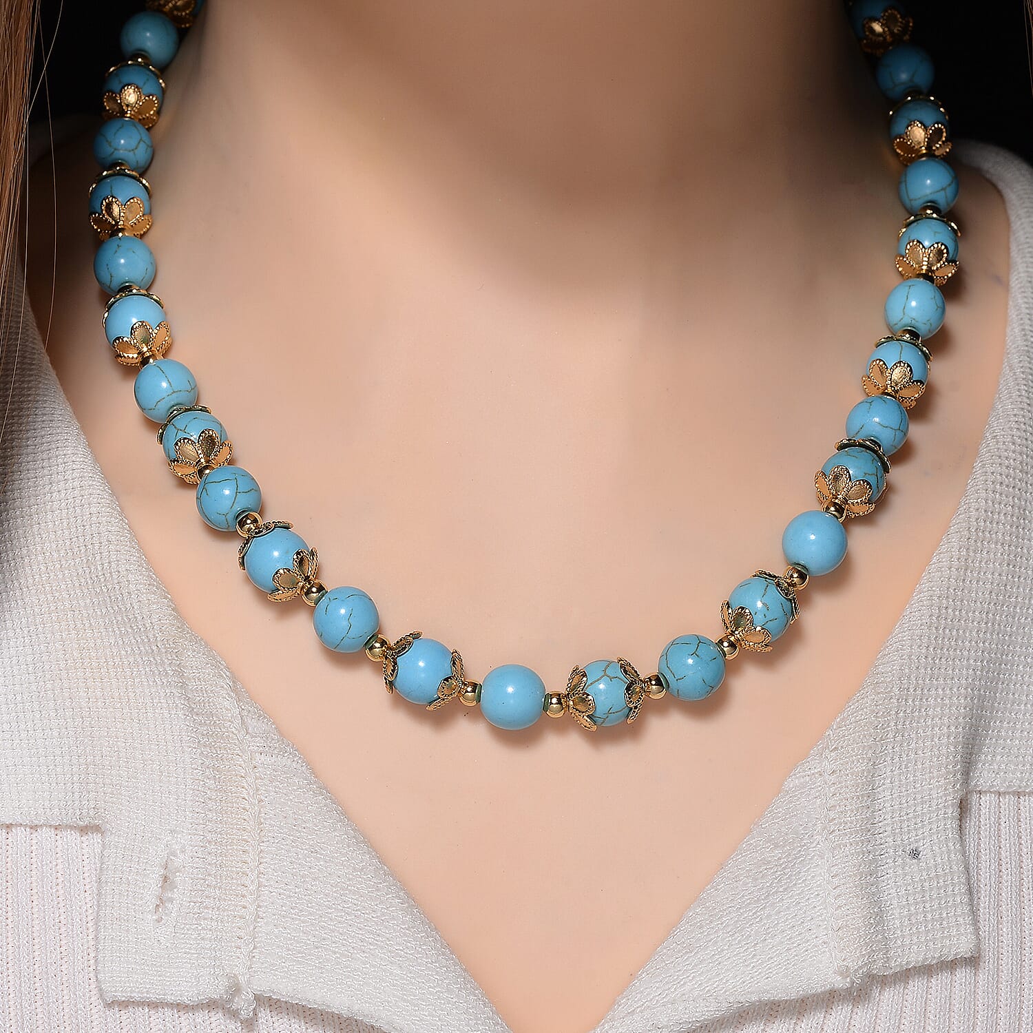 Blue Howlite 230.00 ctw Beaded Necklace with Owl Charm in Goldtone 18 Inches