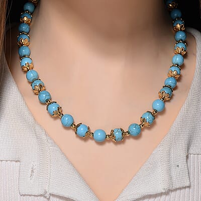 Blue Howlite 230.00 ctw Beaded Necklace with Owl Charm in Goldtone 18 Inches