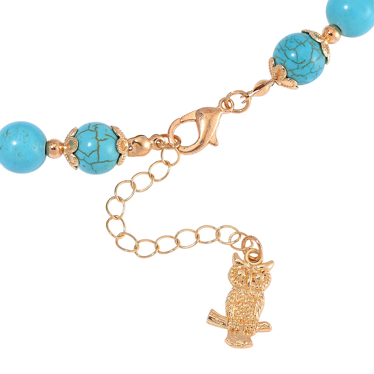 Blue Howlite 230.00 ctw Beaded Necklace with Owl Charm in Goldtone 18 Inches image number 3