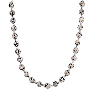 Dalmation Jasper 230.00 ctw Beaded Necklace with Butterfly Charm 18 Inches in Silvertone