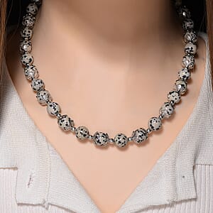 Dalmation Jasper 230.00 ctw Beaded Necklace with Butterfly Charm 18 Inches in Silvertone