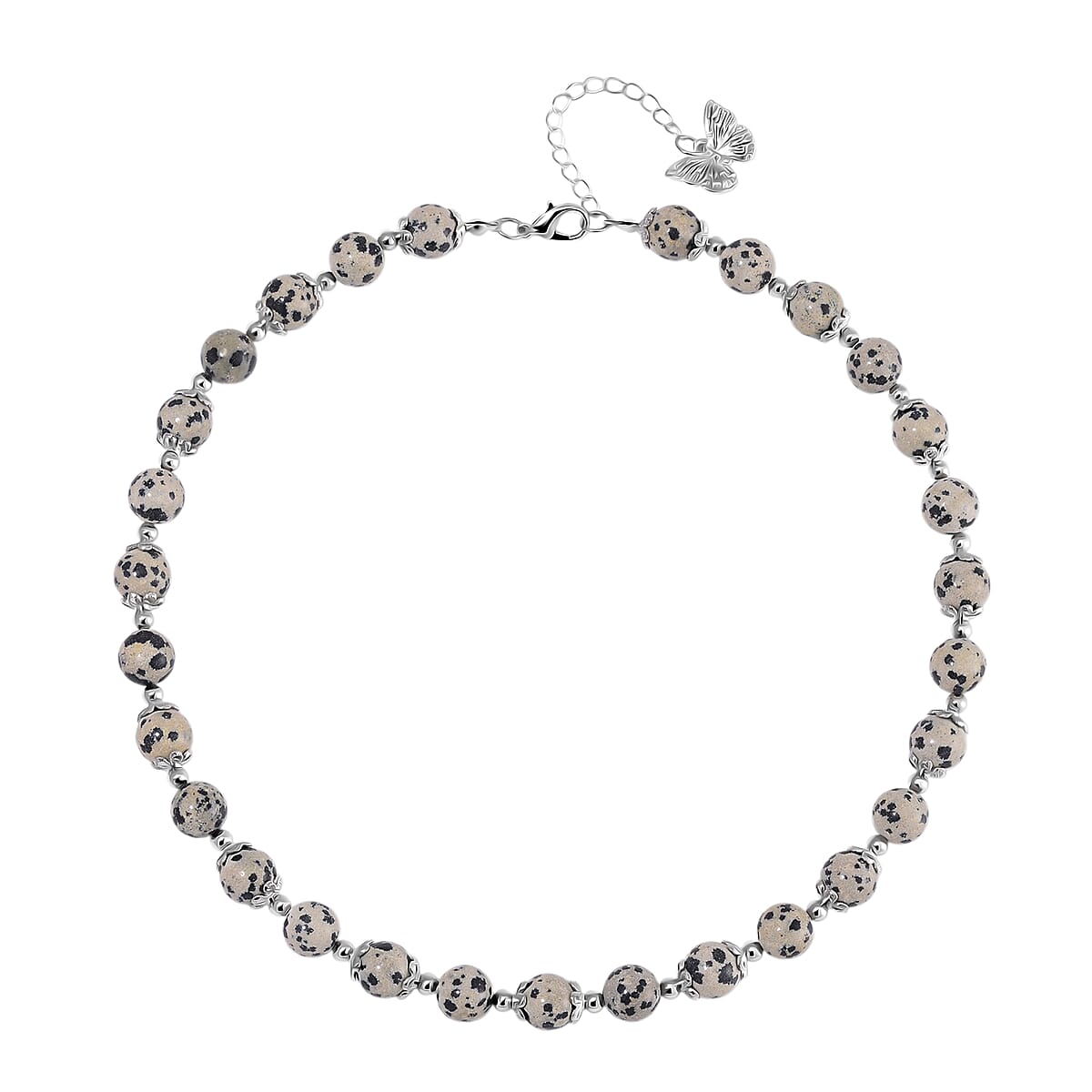 Dalmation Jasper 230.00 ctw Beaded Necklace with Butterfly Charm 18 Inches in Silvertone image number 2