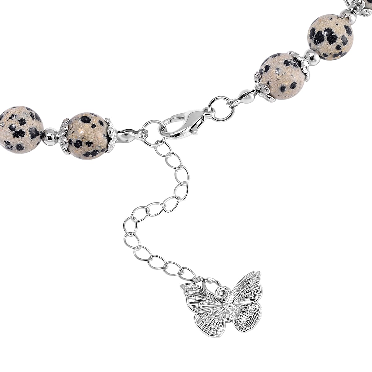 Dalmation Jasper 230.00 ctw Beaded Necklace with Butterfly Charm 18 Inches in Silvertone image number 3