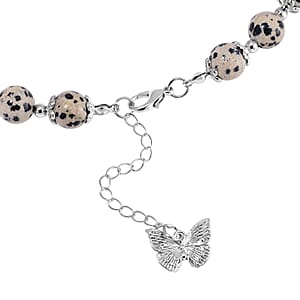 Dalmation Jasper 230.00 ctw Beaded Necklace with Butterfly Charm 18 Inches in Silvertone