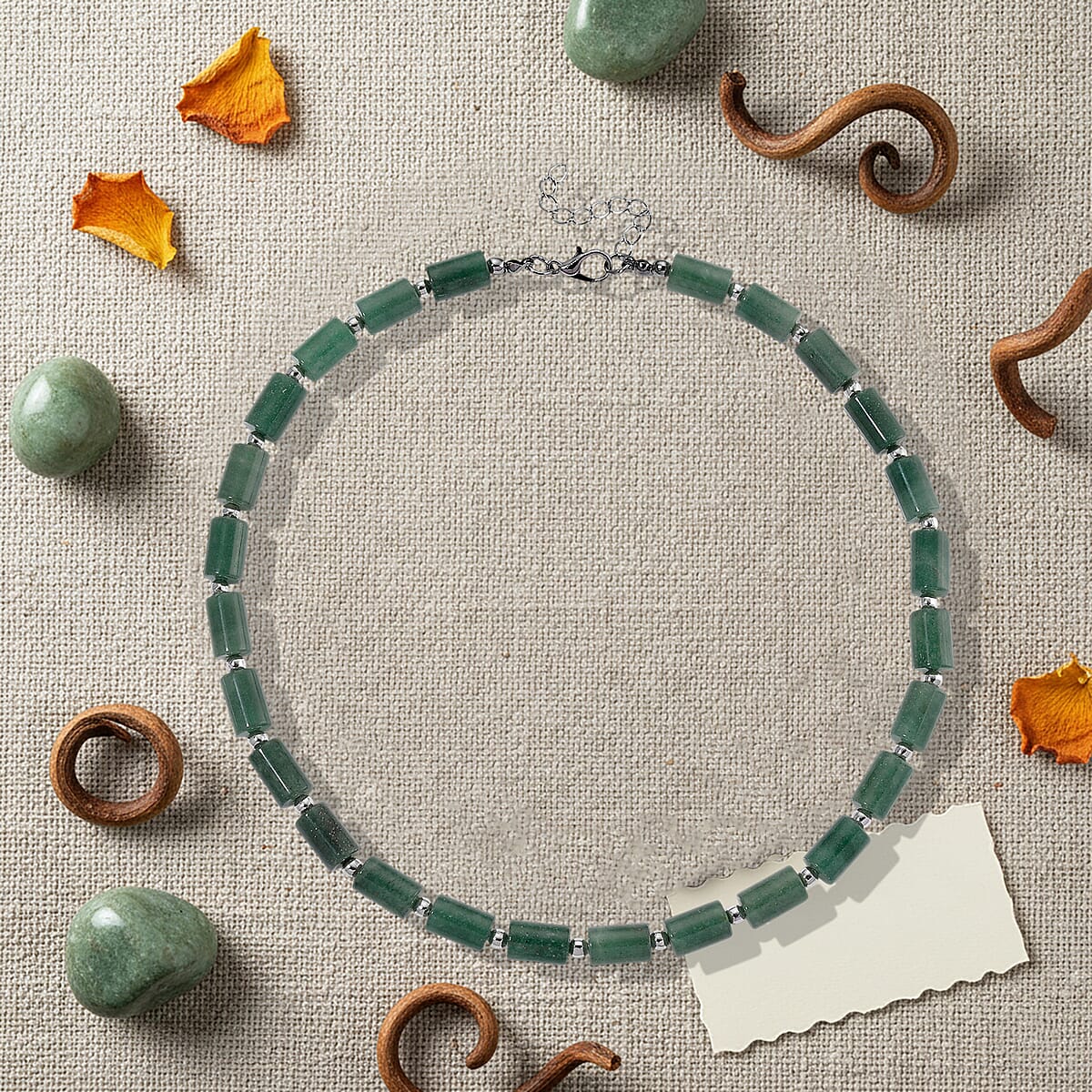 Green Aventurine 204.00 ctw Barrel Necklace in Silvertone 18-20 Inches image number 1