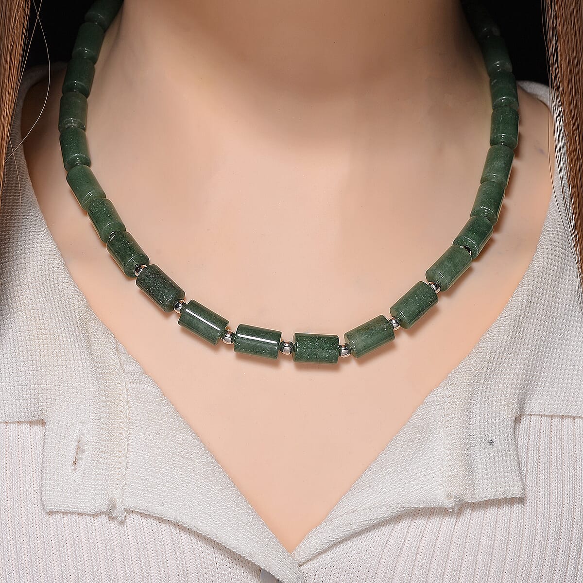 Green Aventurine 204.00 ctw Barrel Necklace in Silvertone 18-20 Inches image number 2
