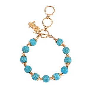 Blue Howlite 90.00 ctw Beaded Bracelet with Owl Charm in Goldtone (6.50-8.0In)