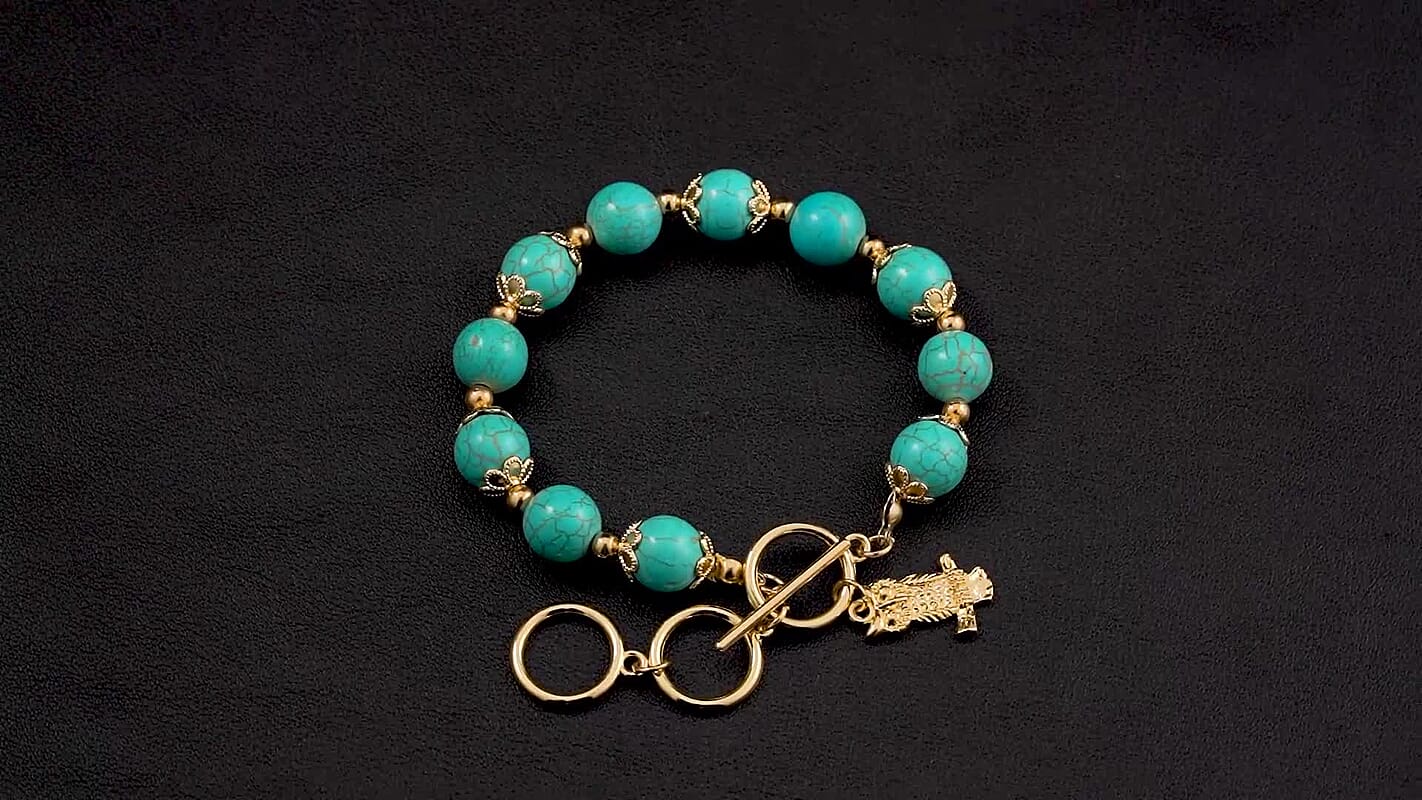 Blue Howlite 90.00 ctw Beaded Bracelet with Owl Charm in Goldtone (6.50-8.0In)