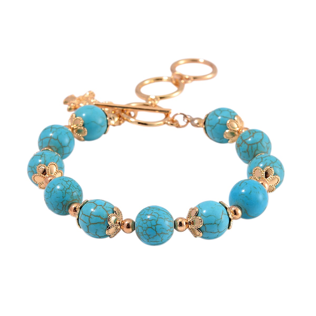 Blue Howlite 90.00 ctw Beaded Bracelet with Owl Charm in Goldtone (6.50-8.0In) image number 2