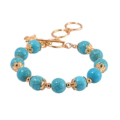 Blue Howlite 90.00 ctw Beaded Bracelet with Owl Charm in Goldtone (6.50-8.0In)